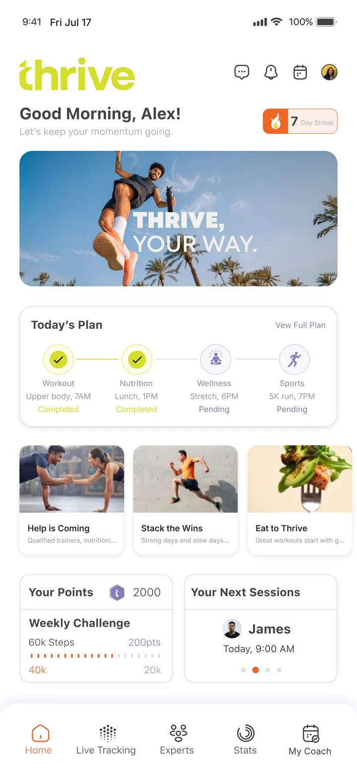 Thrive app home dashboard